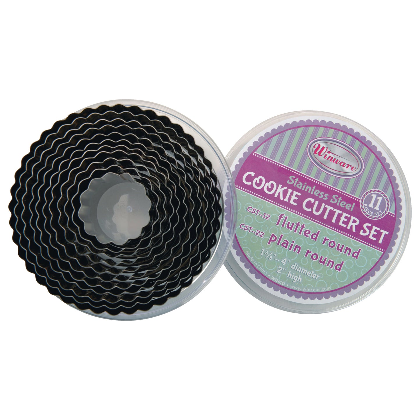 CST-12 - Round Cookie Cutter Set, 11 Piece, Stainless Steel - Fluted, 2"