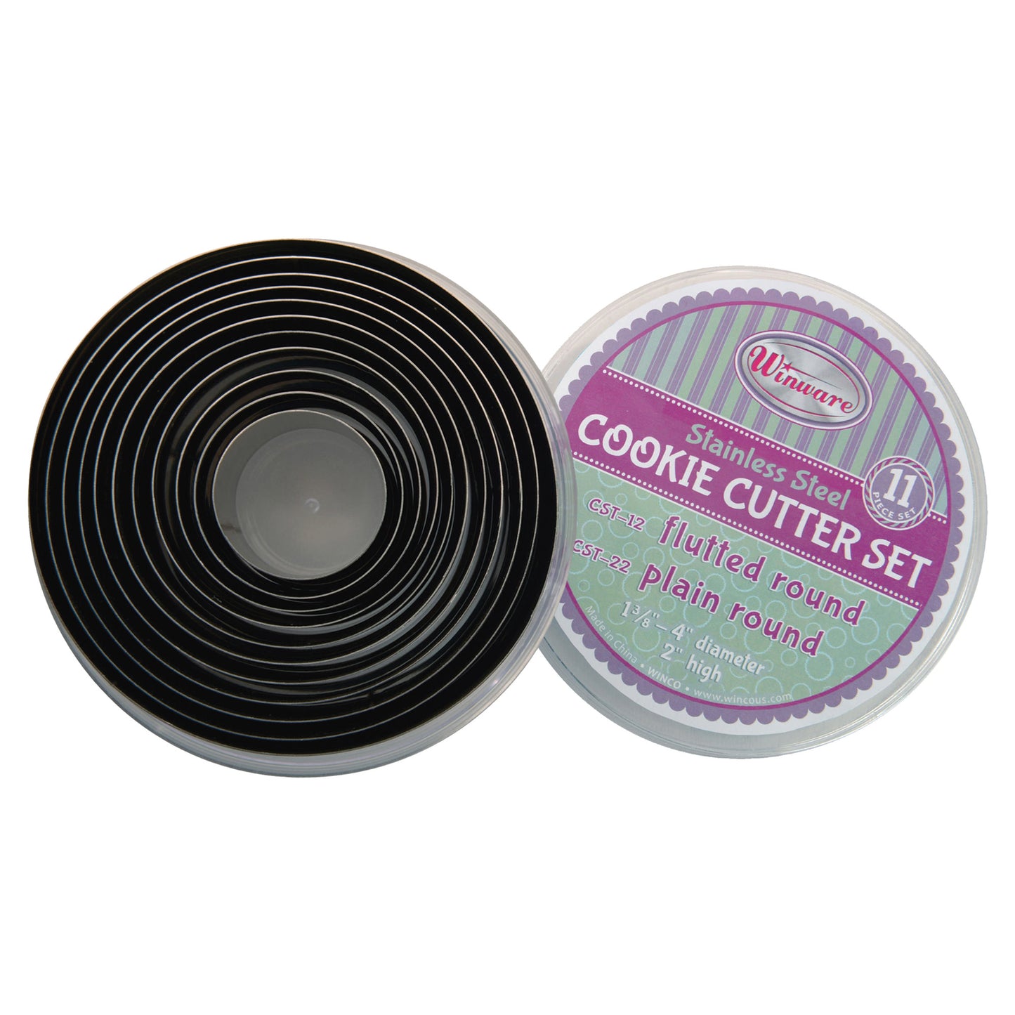 CST-22 - Round Cookie Cutter Set, 11 Piece, Stainless Steel - Plain, 2"