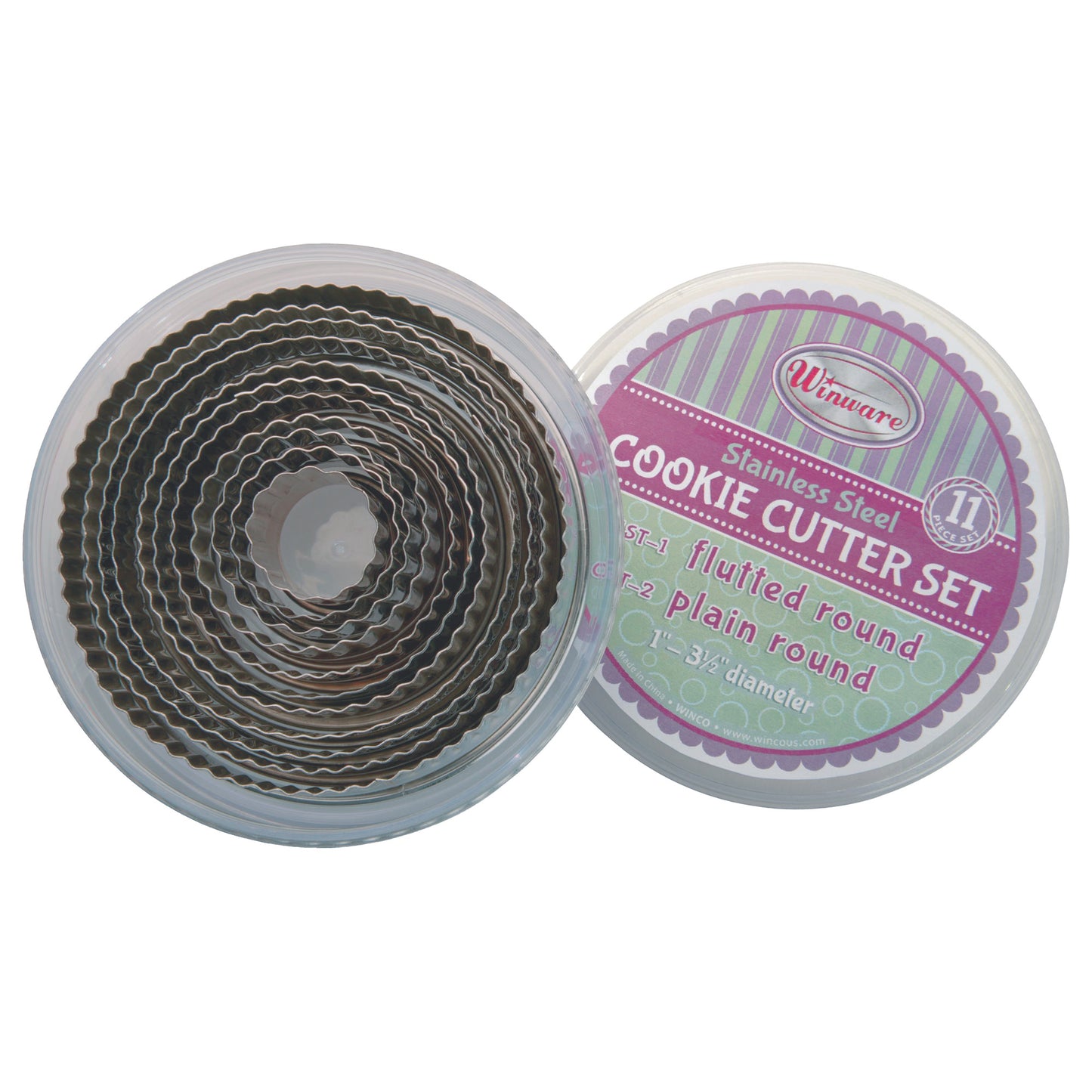 CST-1 - Round Cookie Cutter Set, 11 Piece, Stainless Steel - Fluted, 1"