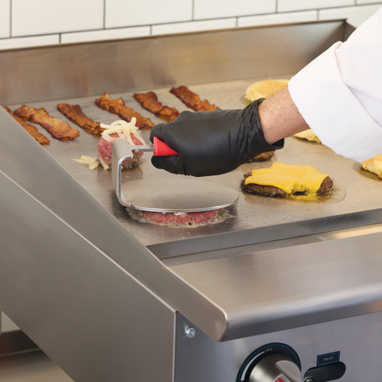 SWS-6 - One-Piece 18/8 Stainless Steel Smashed Burger Press with Red Silicone Sleeve