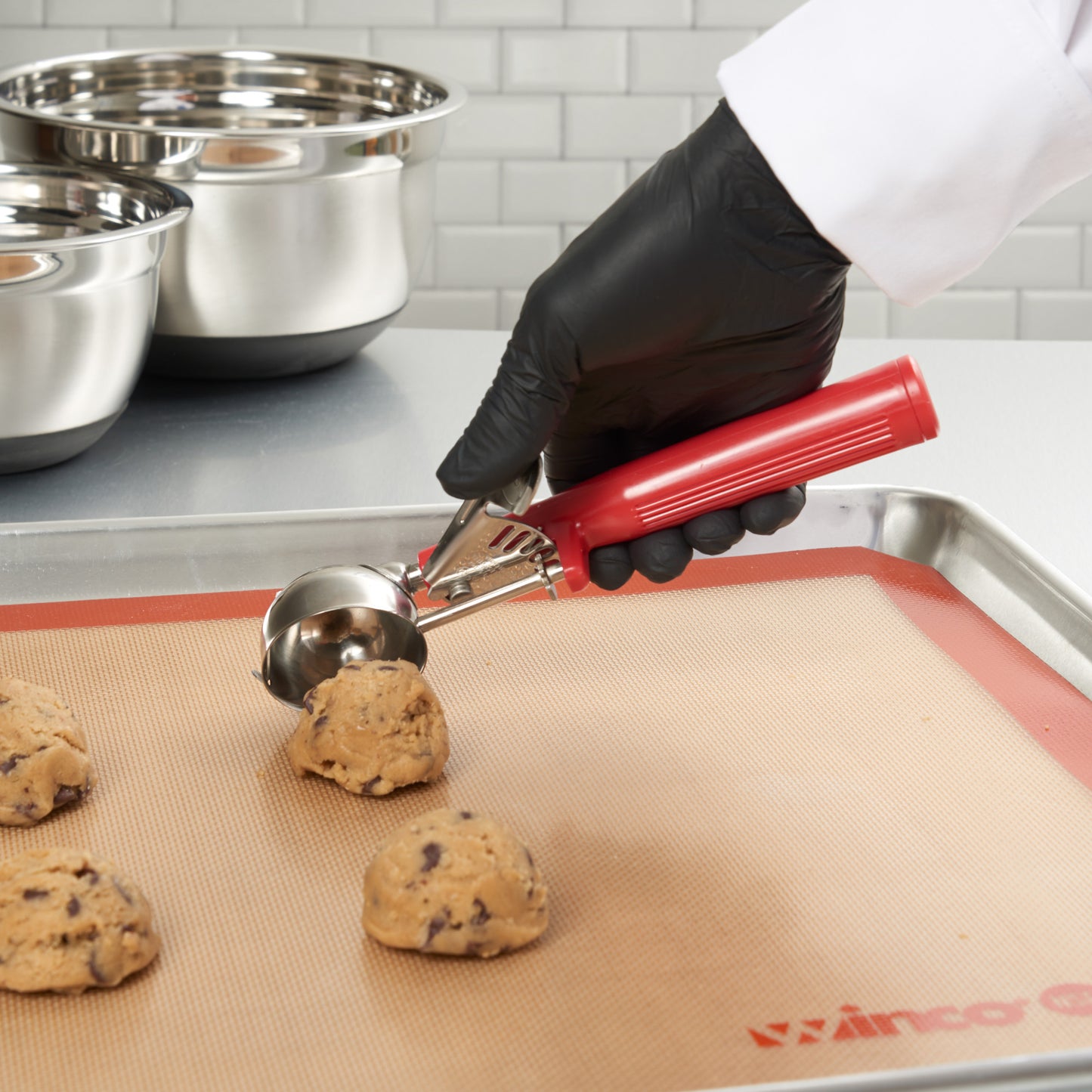 ICOP-24 - Winco Prime 18/8 Stainless Steel One-Piece Thumb Press Disher - 24