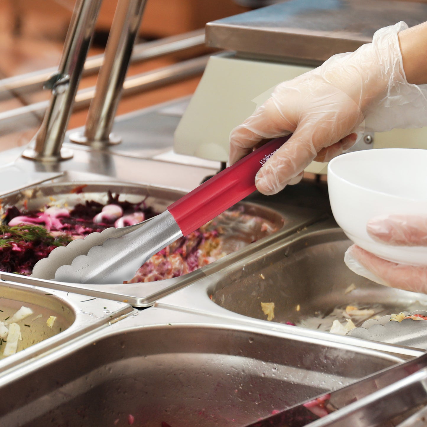 UTSH-9R - Winco Prime 9" Stainless Steel Utility Tongs with Red Silicone Handle