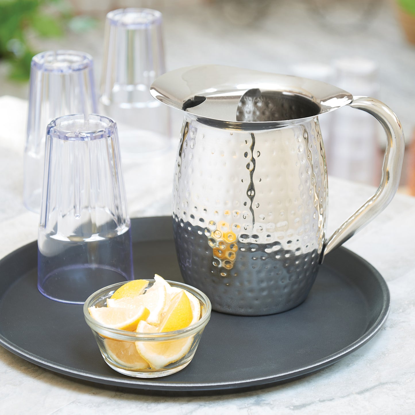 WPB-2CH - 2 Qt Hammered S/S Bell Pitcher with Ice Guard