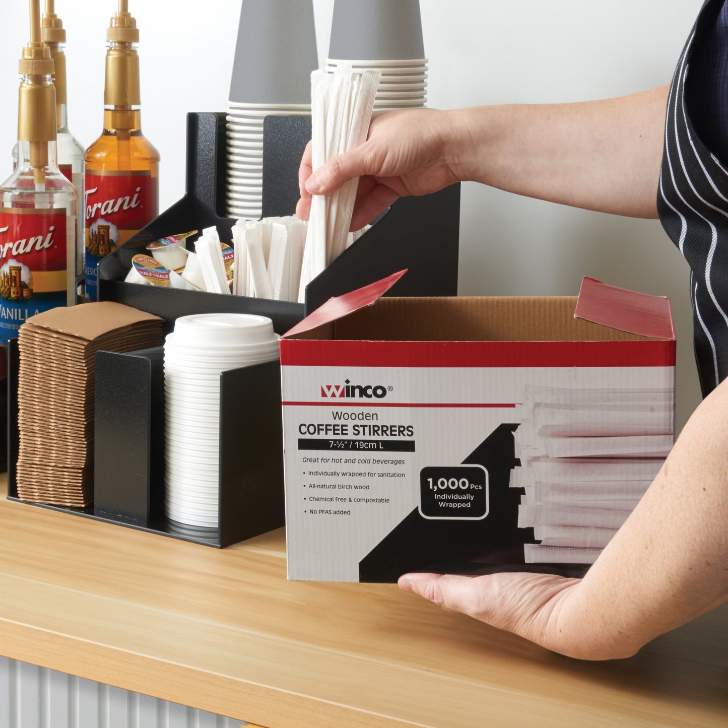 PK-CS7W - Wooden Coffee Stirrers, 7-1/2"L, 1,000 Pieces Individually Wrapped