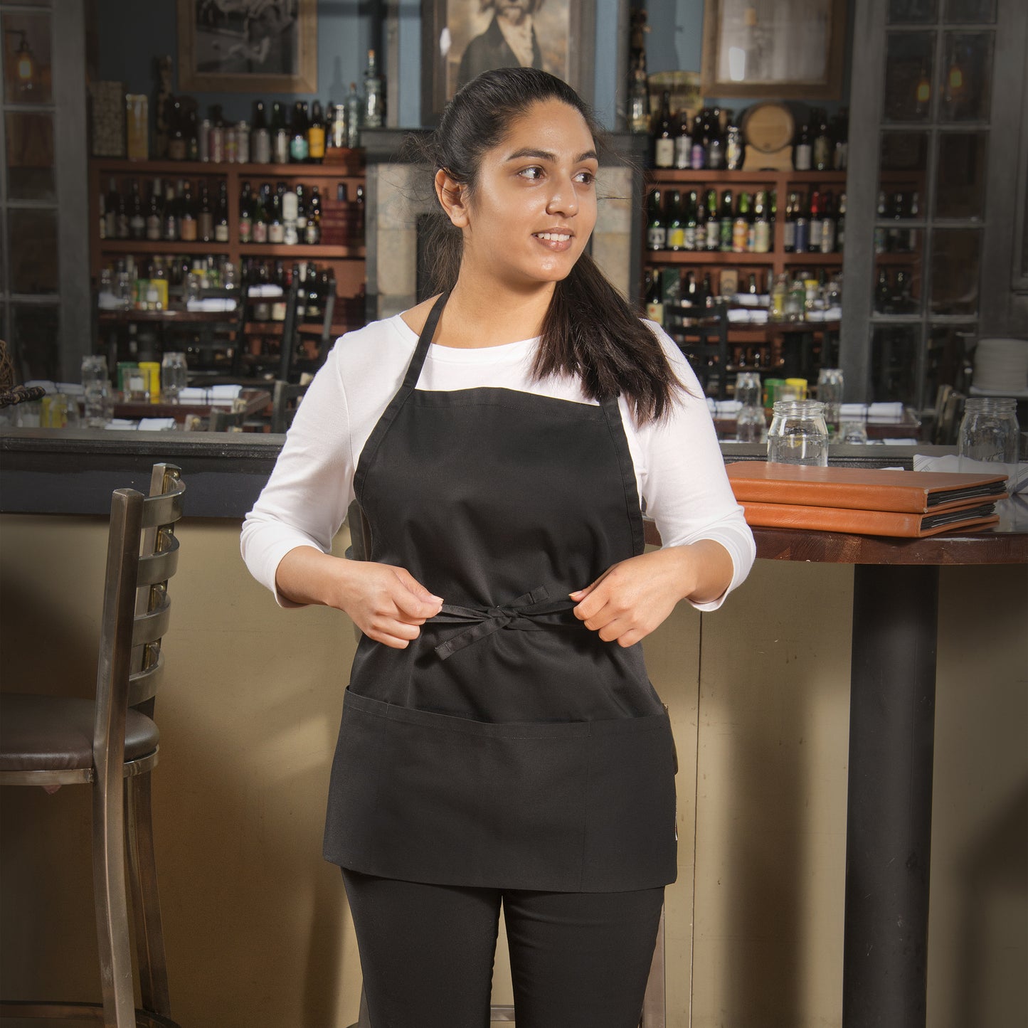 BA-2724K - Mid-Length Bib Apron with 3-Pockets - Black