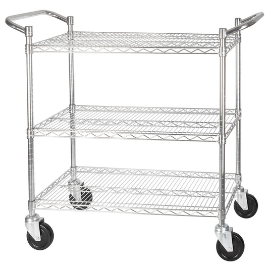 3-Tier Wire Shelving Cart, Chrome Plated, Double Handle with Brake - 24" x 48"