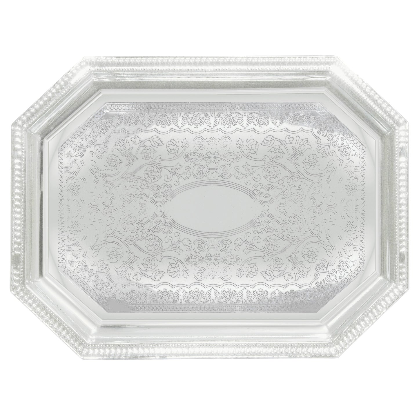 Pack Of 4) 20.9" X 12.8" Traditional Rectangular Trim Floral Pattern Engraved Catering Chrome Plated Serving Plate Mirror Tray Platter Tableware