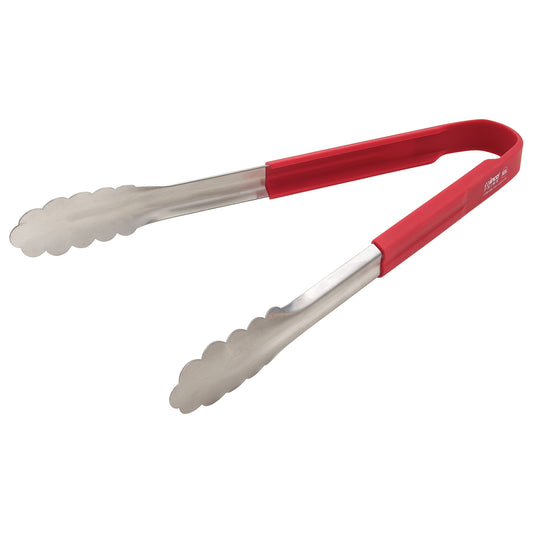 Winco Prime 12" Stainless Steel Utility Tongs with Red Silicone Handle