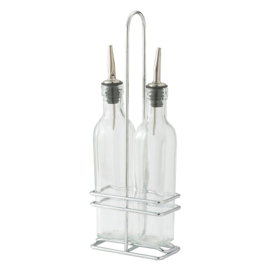 Oil/Vinegar Cruet Set with Chrome Plated Rack & Two Bottles - 16 oz