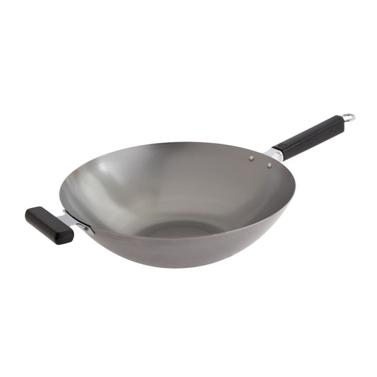 J22-0060 - Joyce Chen Uncoated Carbon Steel Flat Bottom Wok with Phenolic Handles, 14"